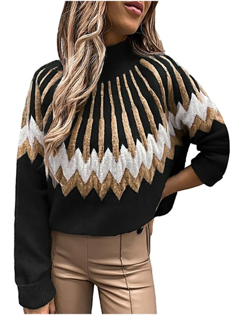 Black Chevron Knit Sweater with Gold and White Pattern